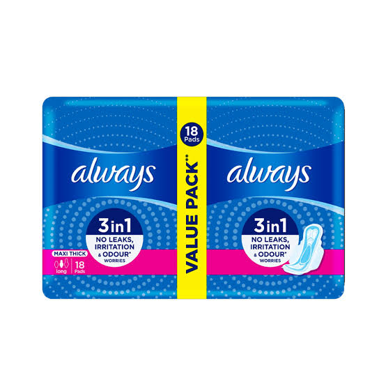 Always 3-In-1 Maxi Thick (Long) Sanitary Pads Value Pack, 18 Pads