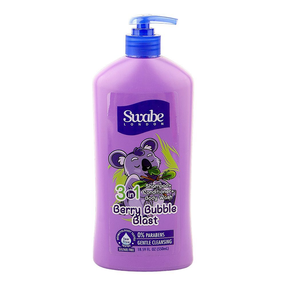 Swabe london kids Berry Bubble Blast 3-In-1 Shampoo + Conditioner + Body Wash, Paraben & Sulfate Free, Tear Free, 550ml