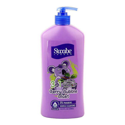 Swabe london kids Berry Bubble Blast 3-In-1 Shampoo + Conditioner + Body Wash, Paraben & Sulfate Free, Tear Free, 550ml