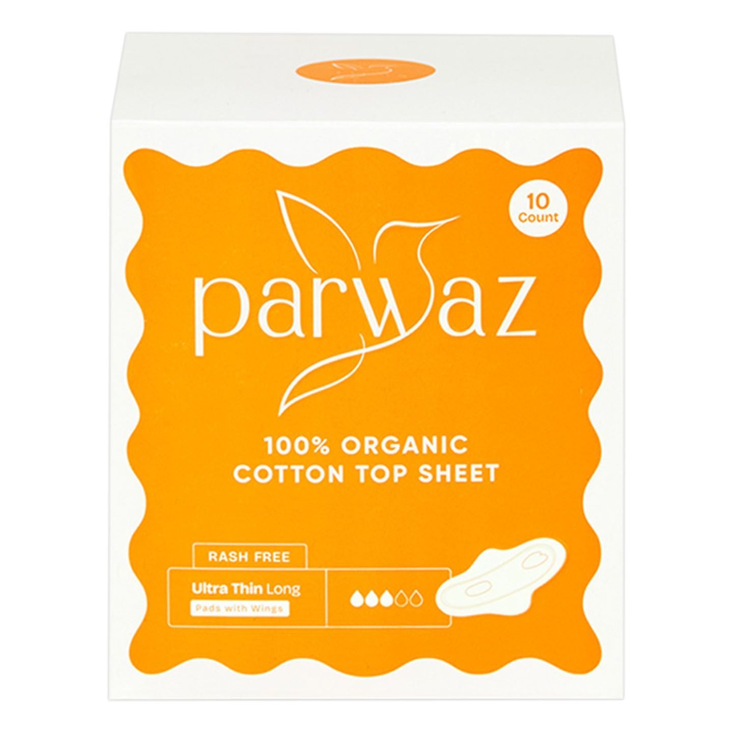 Parwaz 100% organic cotton top sheet  Ultra Thin long PADS with wings 10pcs rash free
