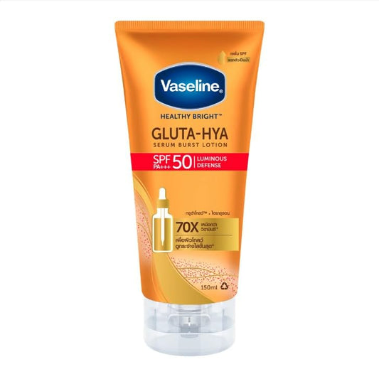 Vaseline healthy bright Gluta-Hya Serum Burst Lotion, Radiance Defense, SPF 50 PA+++, with GlutaGlow Technology, Hyaluronic Acid and UVA/UVB Filters, 70x More Powerful than Vitamin C, 150ml