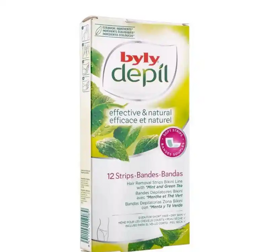 Byly Depil Effective & Natural Mint & Green Tea Bikini Line Hair Removal Strips, 12 strips
