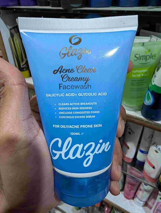 Glazin acne clear face wash 120ml salicylic acid, Glycolic acid