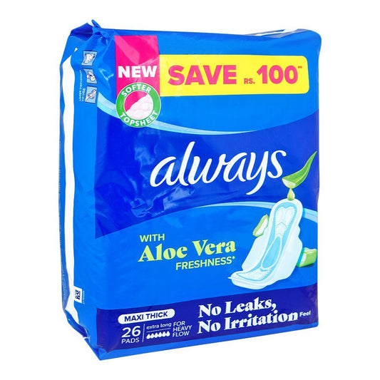 Always Aloe Vera Freshness Maxi Thick Extra Long Pads, 26-Pads,