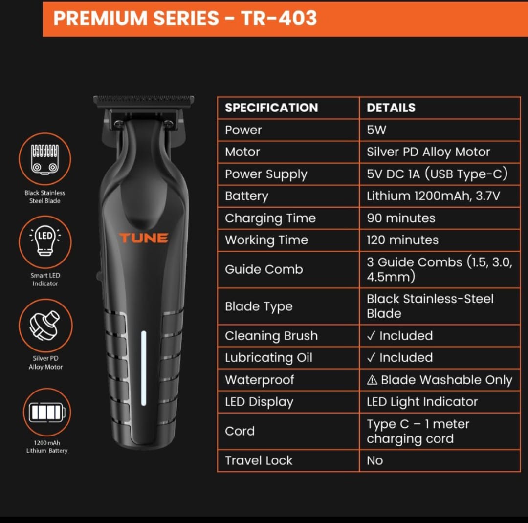 Tune Premium Hair Trimmer Black - TR403