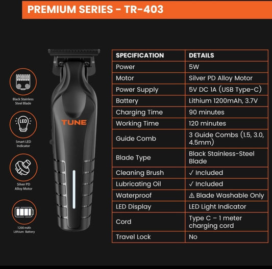 Tune Premium Hair Trimmer Black - TR403