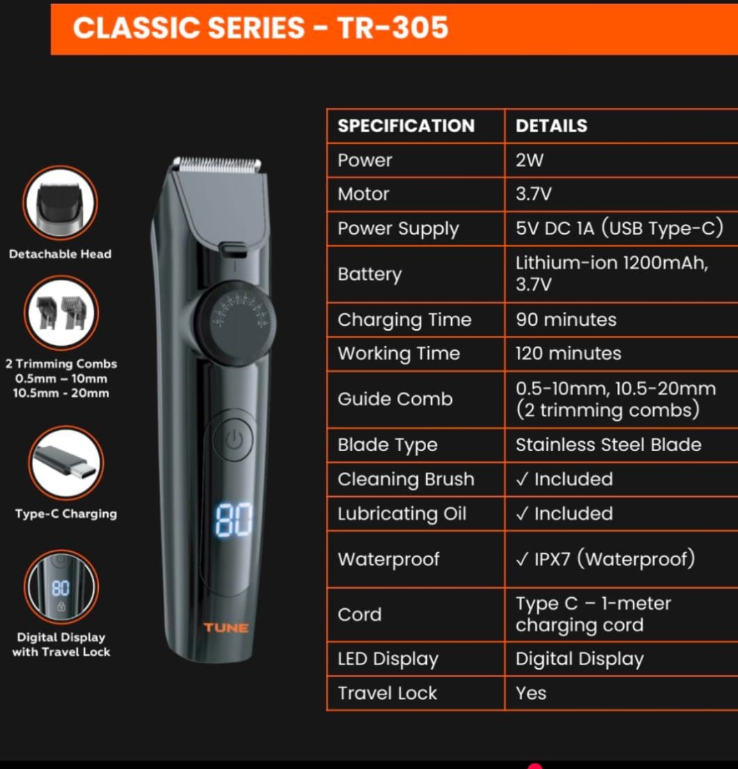 Tune Classic Waterproof Level Hair IPX7 Trimmer - TR305