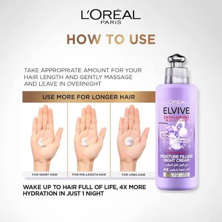LOreal Paris Elvive Hyaluron Moisture Filling Night Hair Cream, For Frizz Free & Hydrated Hair, 200ml